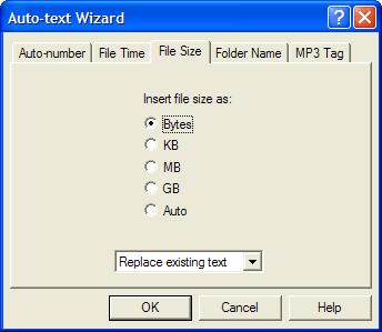 File size auto-text wizard The file size wizard is brought up by pressing the Auto-text Wizard button on the Change Name panel, and selecting the File Size tab.