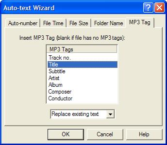 This auto-text wizard allows you to use information from MP3 tags to build up the filename.