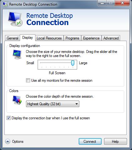 Display You may determine how the Remote session screen appears in the Display configuration slider we recommend Full Large for running Compulink software on the server If you have
