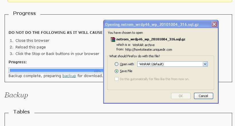 When it s done, you ll be prompted with a download dialog, something like this: Save it to your PC, I recommend using a new directory called for example Default Blog Setting And the 1 st step is