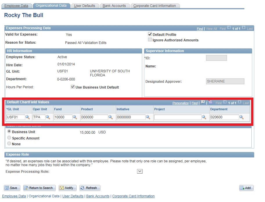 on How to Create Cash Advances If the Default ChartField Values section is not complete, follow the steps