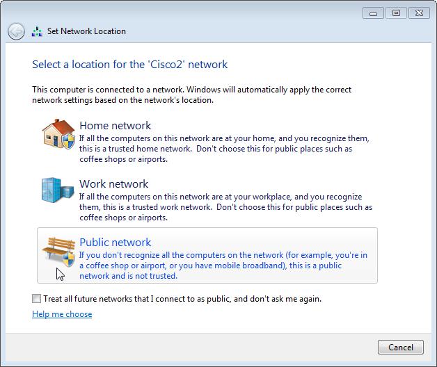 d. In the Set Network Location window, select Public