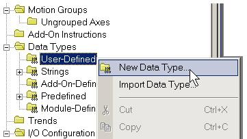 Major Faults Chapter 1 1. In the organizer of RSLogix 5000 software, right-click User-Defined and choose New Data Type. 2. Enter the data type information as shown in this table.