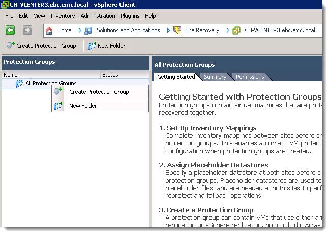 Installation and Configuration In the vsphere Web Client select the shield in the Protection Groups section highlighted in Figure 47 on page 125. This process can be initiated from either SRM server.