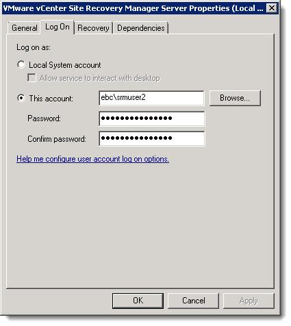 VMAX Security with EMC SRDF Adapter 3. In the subsequent window that appears, select the Log On tab to identify the user account running the SRM service.