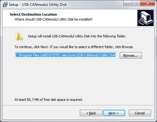 8) In the next window you select the destination location of the USB-CANmodul software.
