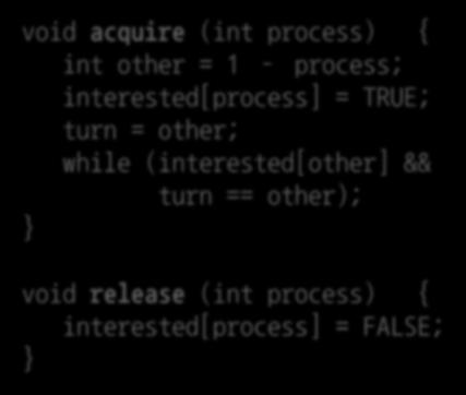 (interested[other] && turn == other); void release (int process) { interested[process] = FALSE; void acquire (int process) { int other