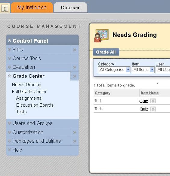 CONTROL PANEL Grade Center / Needs Grading There are two ways to go about grading.