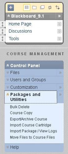 CONTROL PANEL Course Options Select plus icon to access choice list for adding links to the menu content