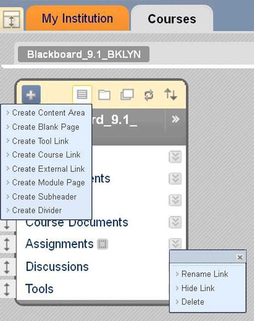 COURSE MENU Overview Select plus icon to access choice list for adding links to the menu content Action Link to access the item s Contextual Menu