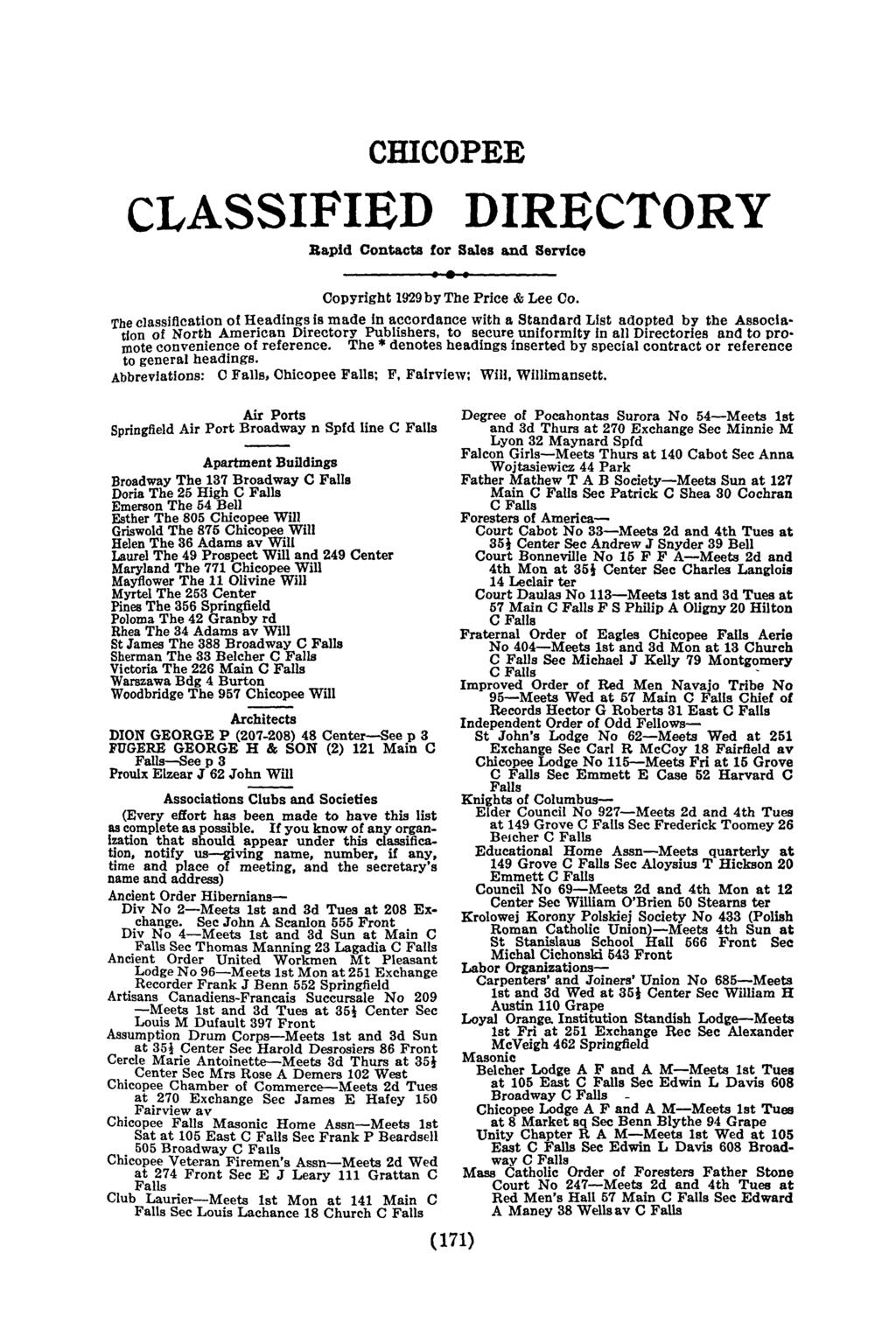cmcopee CLASSIFIED DIRECTORY Rapid Contacts for Sales and Service Copyright 1929 by The Price & Lee Co.