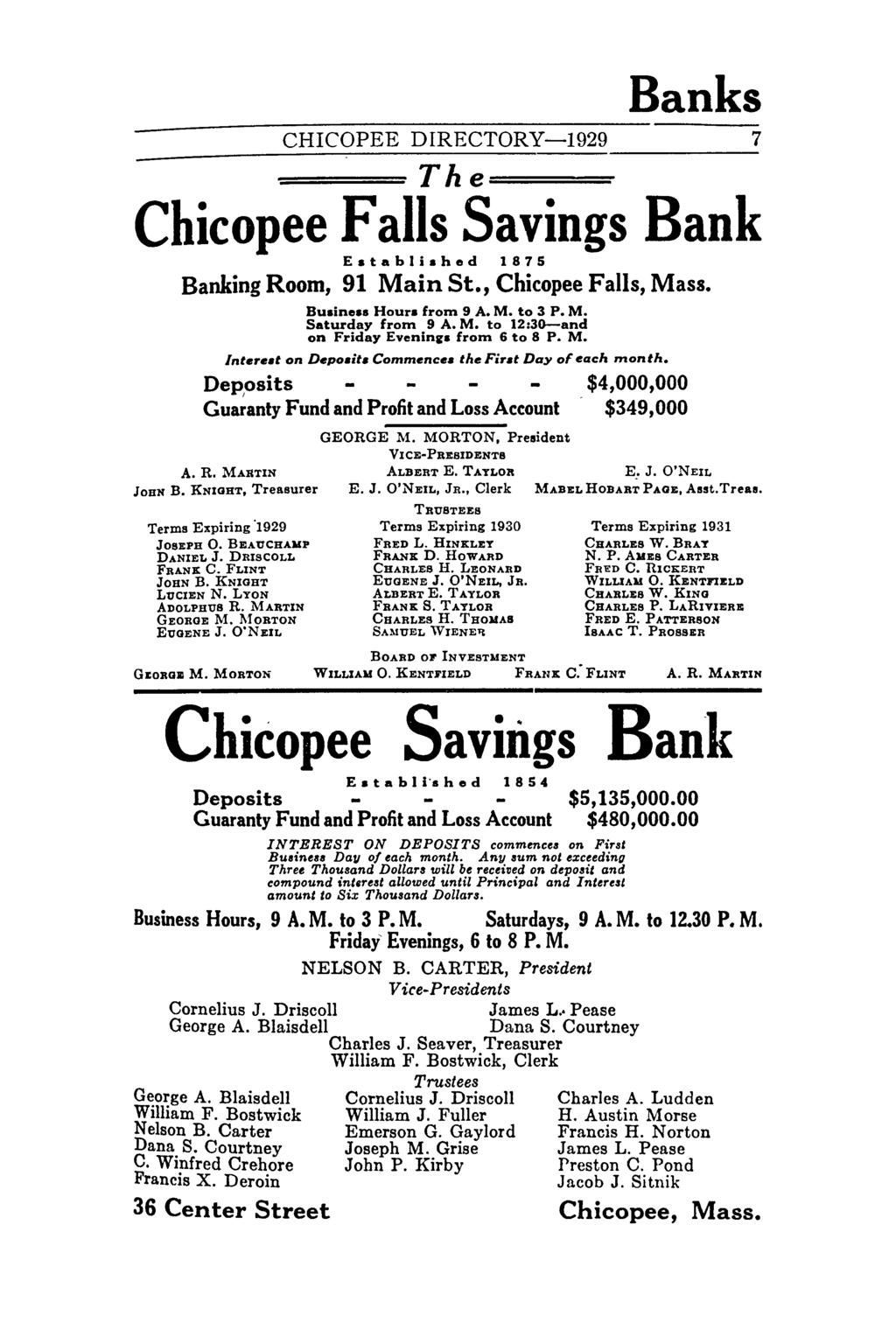 Banks CHICOPEE DIRECTORY-1929 7 The===- Chicopee Savings Bank Established 1875 Banking Room, 91 Main St., Chicopee, Mass. Busines. Hours froltl 9 A. M. to 3 P. M. Saturday froltl 9 A. M. to 12:3D-and on Friday EVeninK's froltl 6 to 8 P.