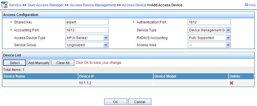 Figure 12 Add an access device # Add a user for device management Log in to the imc management platform, select the User tab, and select Device Management User from the navigation tree to enter the