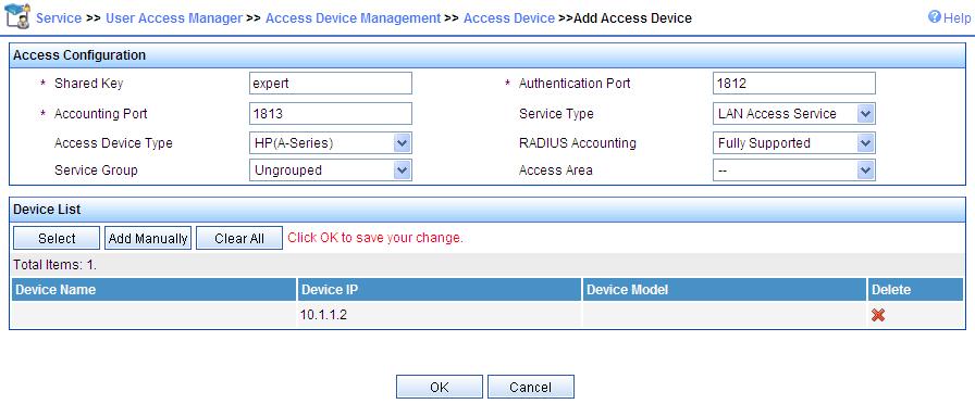 Figure 15 Add an access device # Add a charging policy. Select the Service tab, and select Accounting Manager > Charging Plans from the navigation tree to enter the charging policy configuration page.