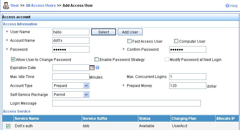 Figure 18 Add an access user account 2. Configure the switch Configure a RADIUS scheme # Create a RADIUS scheme named rad and enter its view.