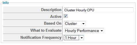 CHAPTER 7. ALERTS 3. Click (Configuration), (Add a new Alert). 4. In the Info area: Type in a Description for the alert. From Based On, select Cluster. For What to Evaluate, select Hourly Performance.