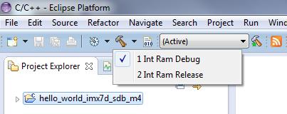 7. Choose the appropriate build target, Int Ram Debug or Int Ram Release, by clicking the downward facing arrow next to the hammer icon, as shown below.
