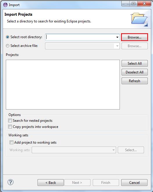 3. Click the Browse button next to the Select root directory: option. Figure 13 Projects directory selection window 4.