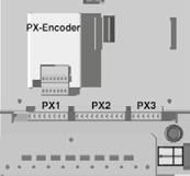 6..3 - PX-Encoder The PX-Encoder option can be used to manage the motor speed feedback. PX-Encoder manages incremental encoders with or without commutation channels and Hall effect sensors. 6..3. - Terminal block installation and locations 5V 5V Slider Sensor inputs - + A A B B 0 U U V V W W 0 6.
