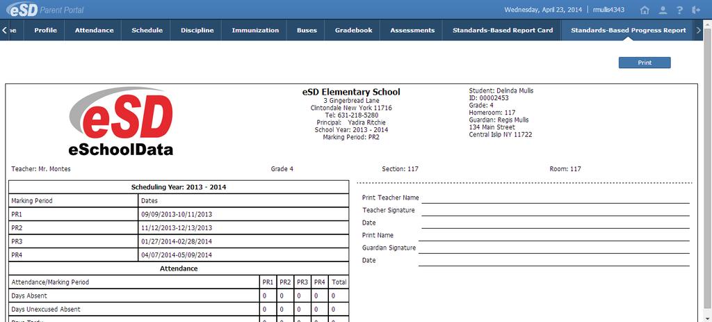 Standards-Based Progress Report Tab Click the Standards-Based Progress Report tab to view the student s Standards-Based progress report.
