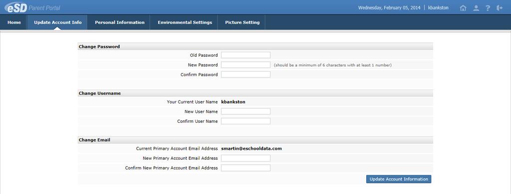 Updating Account Info Parents/guardians can update account information at any time. Click the My Account icon at the top right of the Portal screens.