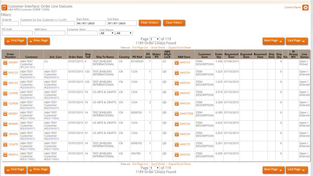 The Order Line Status page allows you to check the status of each item in a PO that has been called out.