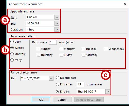 2. The Appointment Recurrence window will appear: a. Appointment Time: Enter the start/end times for the appointment (See Figure 7). b.