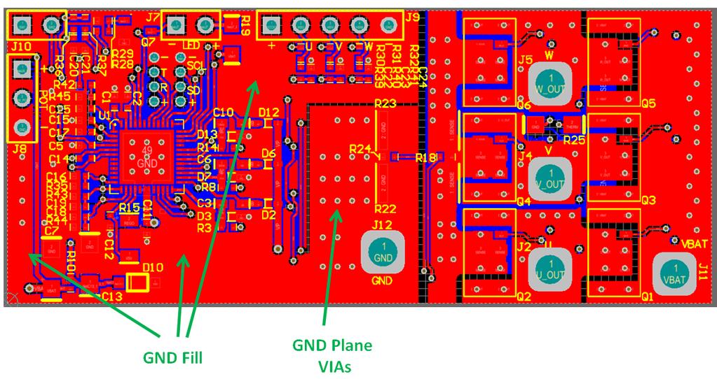 Power Application Controller GROUND FILL In unused areas of the PCB, it is beneficial to fill them with copper connected to the GND plane. This is especially beneficial under high-frequency signals.