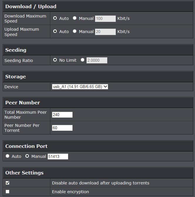 BitTorrent Client Settings Advanced > USB > BitTorrent The router has an integrated BitTorrent client that can be used for downloading torrents directly to the external USB storage device connected