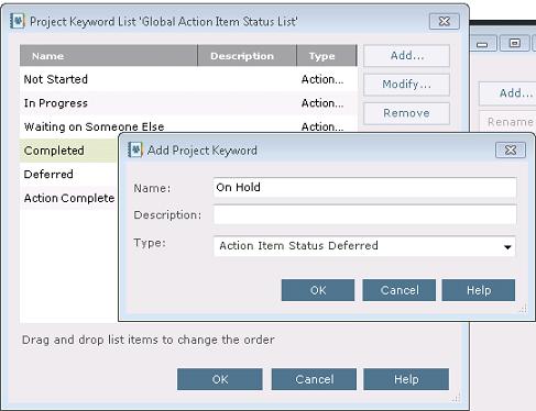 Enter a Name, Description, and other information in the Add a Project Keyword dialog box as needed and select OK.