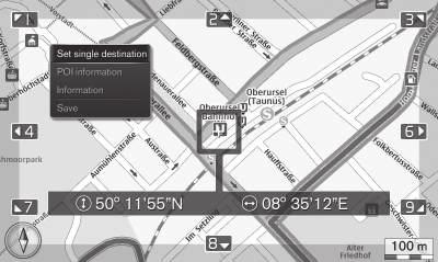 106) Internet map 7 - scroll menu In Scroll mode the map image is moved with the centre console (p. 97) numeric keys.