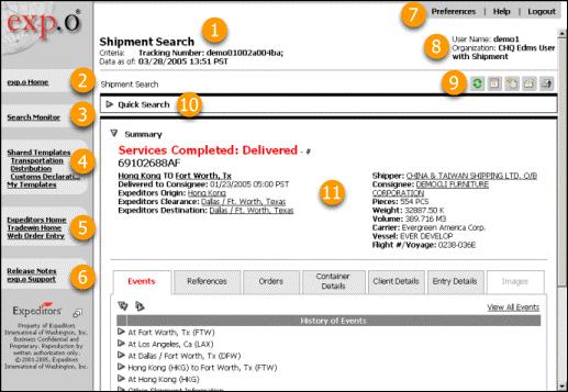 Getting Started Tour of the exp.o Interface Getting Started > Tour of exp.o Below is a screen capture of an exp.o shipment search results page.