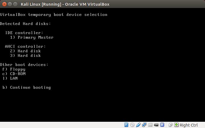 (a) The VirtualBox BIOS. (b) The Kali Linux Bootloader (GRUB).