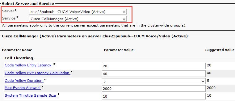 Select Server* = clus23pubsub--cucm Voice/Video (Active) 2. Select Service*= Cisco CallManager (Active) 3.