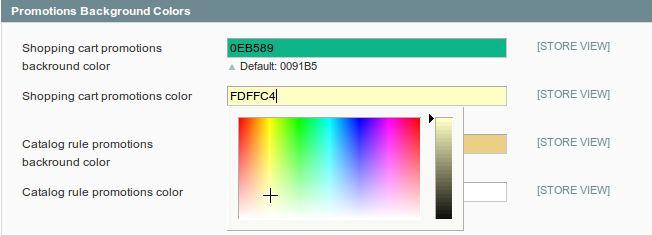 DCKAP > Promotions Scheduler > Promotions Background Colors in the Shopping cart promotions background color field, specify the background color in HEX value for shopping cart promotions.