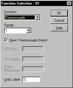 This represents Instrument # 01; analog channel #01. (Figure 9) 4. Click the Function button. 5. Click on the down arrow of the Function list and select Thermocouple. (Figure 10) 6.