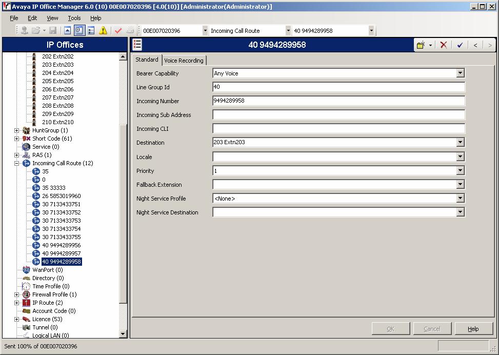 6. Create an Incoming Call Route for the Inbound SIP calls. Select Incoming Call Route in the left panel. Right-click and select New. Enter the following: Any Voice for the Bearer Capability field.