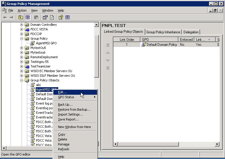 Uninstall via Group Policy 1) In Group Policy Management window, select Group Policy Objects, select the group policy object created (i.e. In this example, AgentMSI GPO is the group policy object created), and then select Edit.