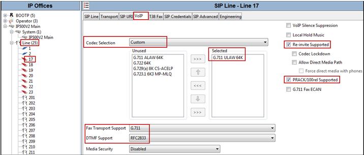 <note> Note: The codec selections defined under this section (SIP Line VoIP tab) are the codecs selected for the SIP Line (Trunk). The codec selections defined under Section 2.