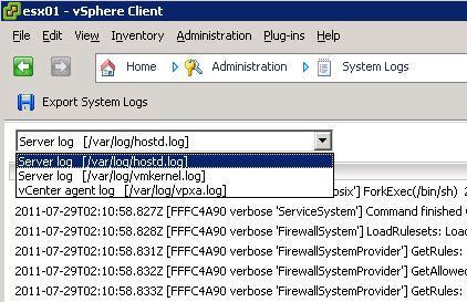 Viewing ESXi System Logs Use vsphere Client to view logs.