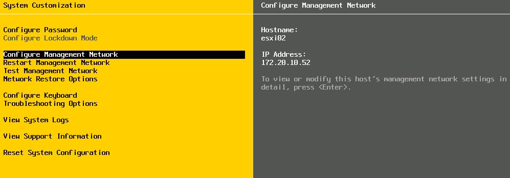 Configuring ESXi: Management Network The DCUI allows you to modify network settings: