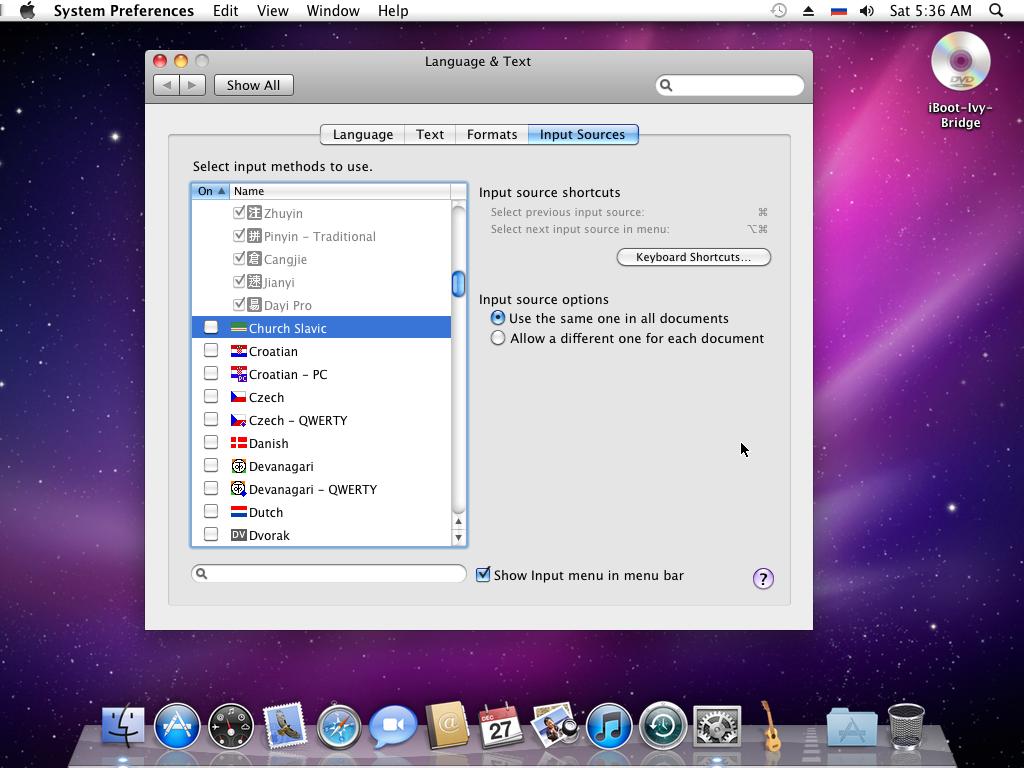 Figure 11: Adding Church Slavonic keyboard entry to Apple OS X Mountain Lion Slavonic layout) will appear in the upper right hand corner of your screen (next to the clock and volume control).