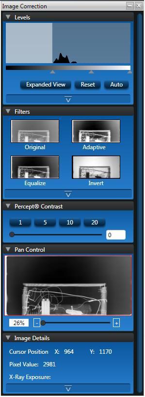 Image Correction Pane The Image Correction pane displays the Levels, Filters, and Pan Control panels.