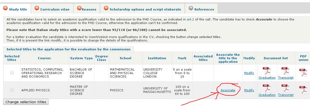 insert/select more qualifications in the CV, clicking the button Change selected titles (you will be taken back to step 6.1.2).