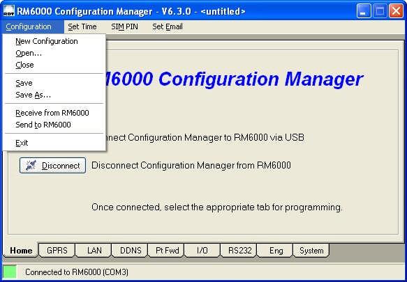 Configuration Menu New Configuration Open Close Save Save As Receive from RM6000 Send to RM6000 Exit - Clears the contents of all tab pages, ready for new parameters - Load in a previously saved