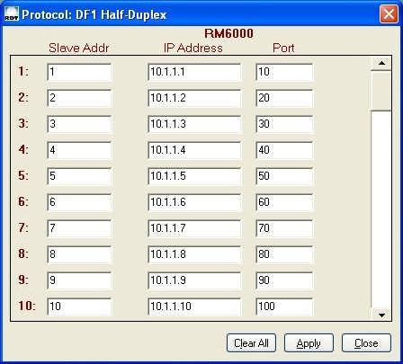 This is an example of selecting DF1 Half-Duplex protocol. (Could be Modbus RTU or Modbus ASCII instead).