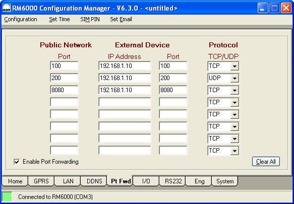 Port Forwarding Using an appropriate SIM account (i.e. with a public address accessible on the Internet), external devices connected to the RM6000 can be remotely accessed using Port Forwarding.