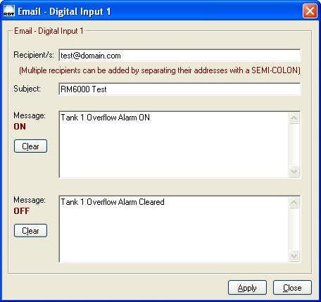 Email messages can be set up in the same way as SMS. NOTE: The Subject is automatically filled in using the Site Reference from the previous I/O page, but can be overwritten.