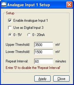 The analogue input can be used to trigger an SMS or Email in the same way as D1 and D2. There is however an additional setup box for analogue to allow setting of the threshold levels.