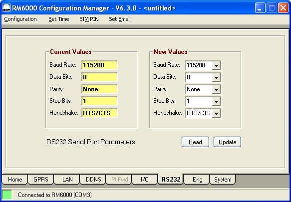 RS232 Port Use this screen to update the RS232 port parameters. Select the Read button to read the current parameters. Once the new values have been selected, select the Update button.